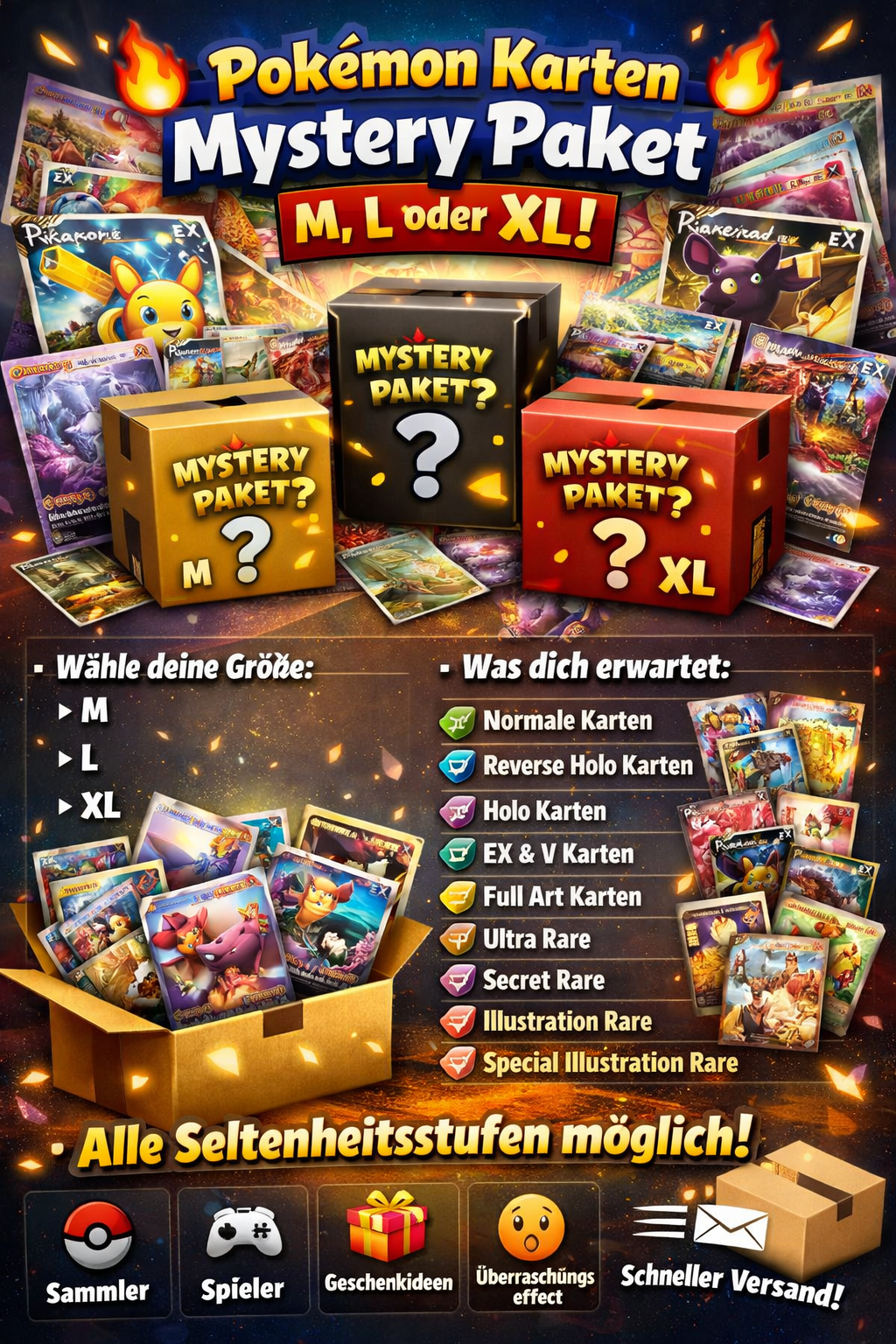 Pokemon Karten(DE) Mystery Paket –  PREMIUM EDITION (M, L oder XL)